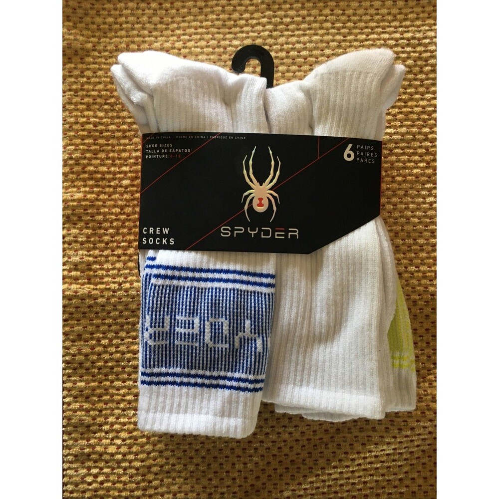 SPYDER Mens Socks Crew Cushioned Everyday Sports 6 Pair SIZE 6-12 Multi White